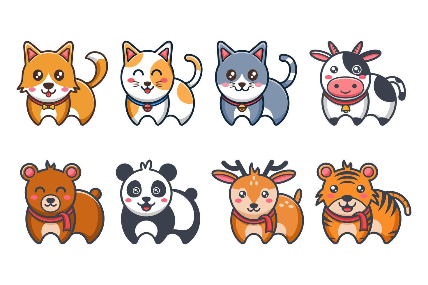 Title Set of cute animal in cartoon style drawing. Cat, dog, cow, bear, panda, deer, and tiger. Good for sticker, printing, label, poster, banner, advertising, and other vector