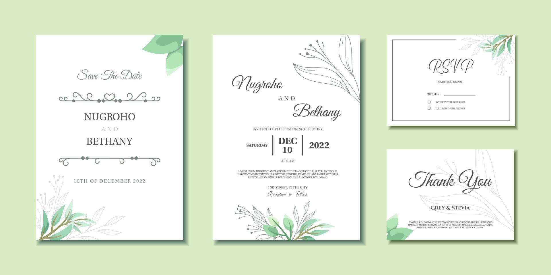 Minimal wedding invitation template with abstract leaves ornament vector