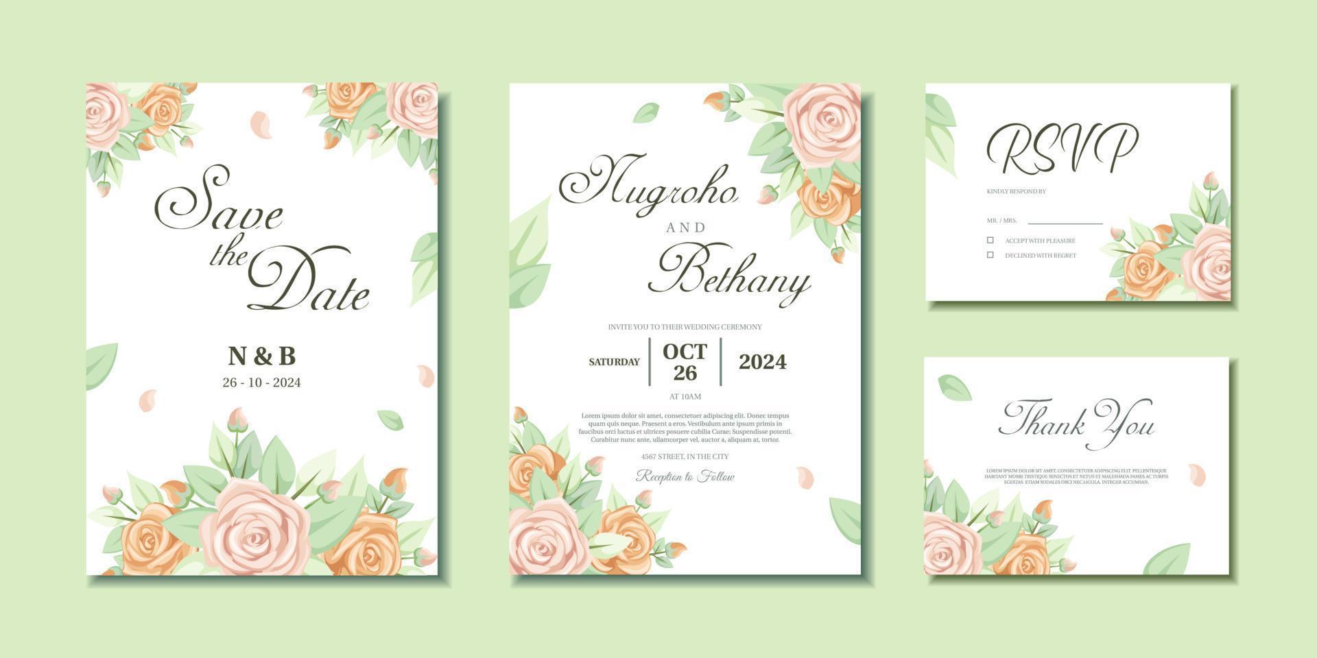 Wedding invitation with beautiful pink rose bouquet and leaves. Wedding invitation, Thank you card and RSVP with rose flower bouquet vector