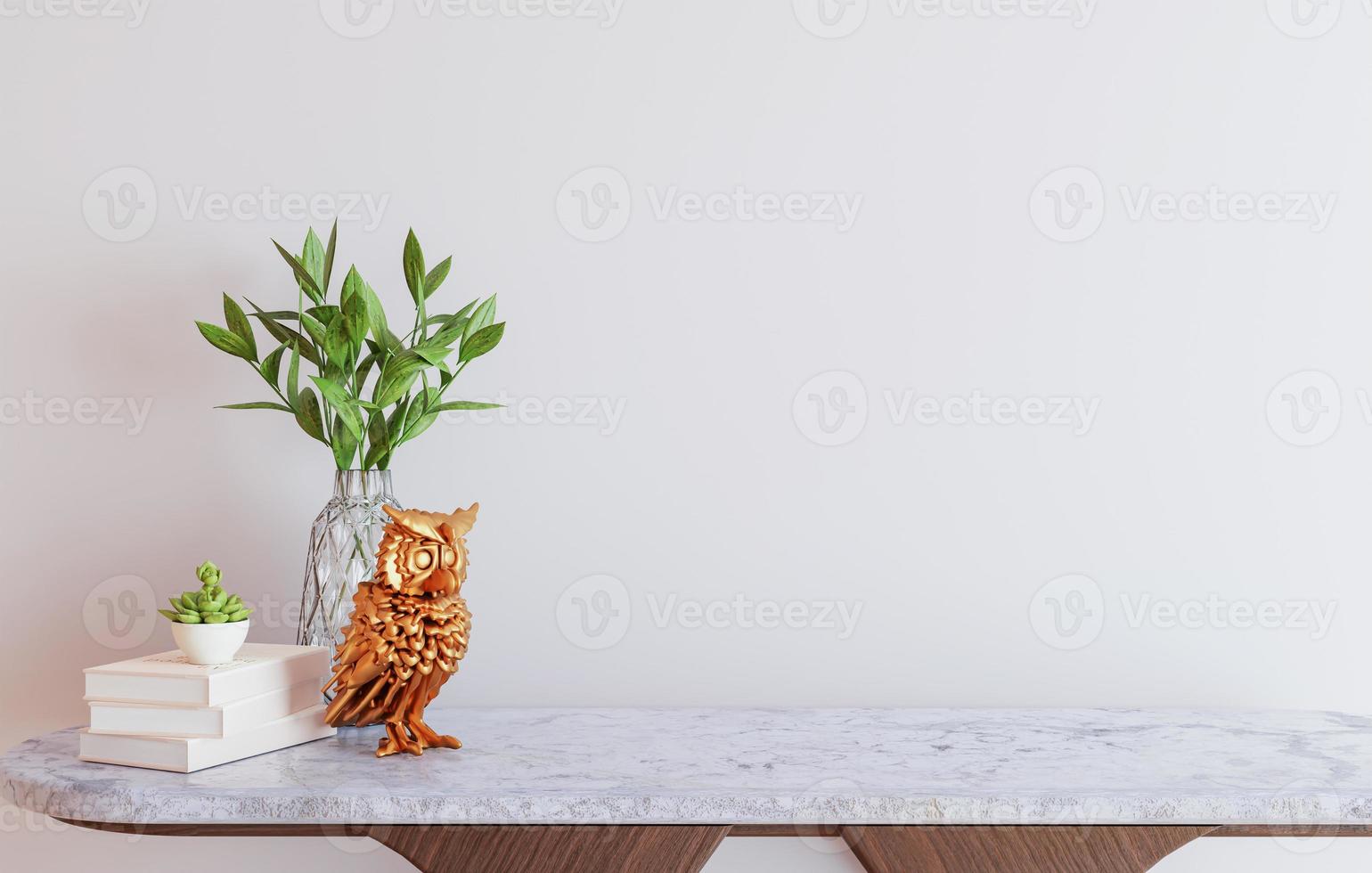 maqueta de pared con mesa en la sala de estar con una pared blanca sala de estar moderna con mesa. mesa y plantas con pared blanca. copie el espacio representación 3d foto