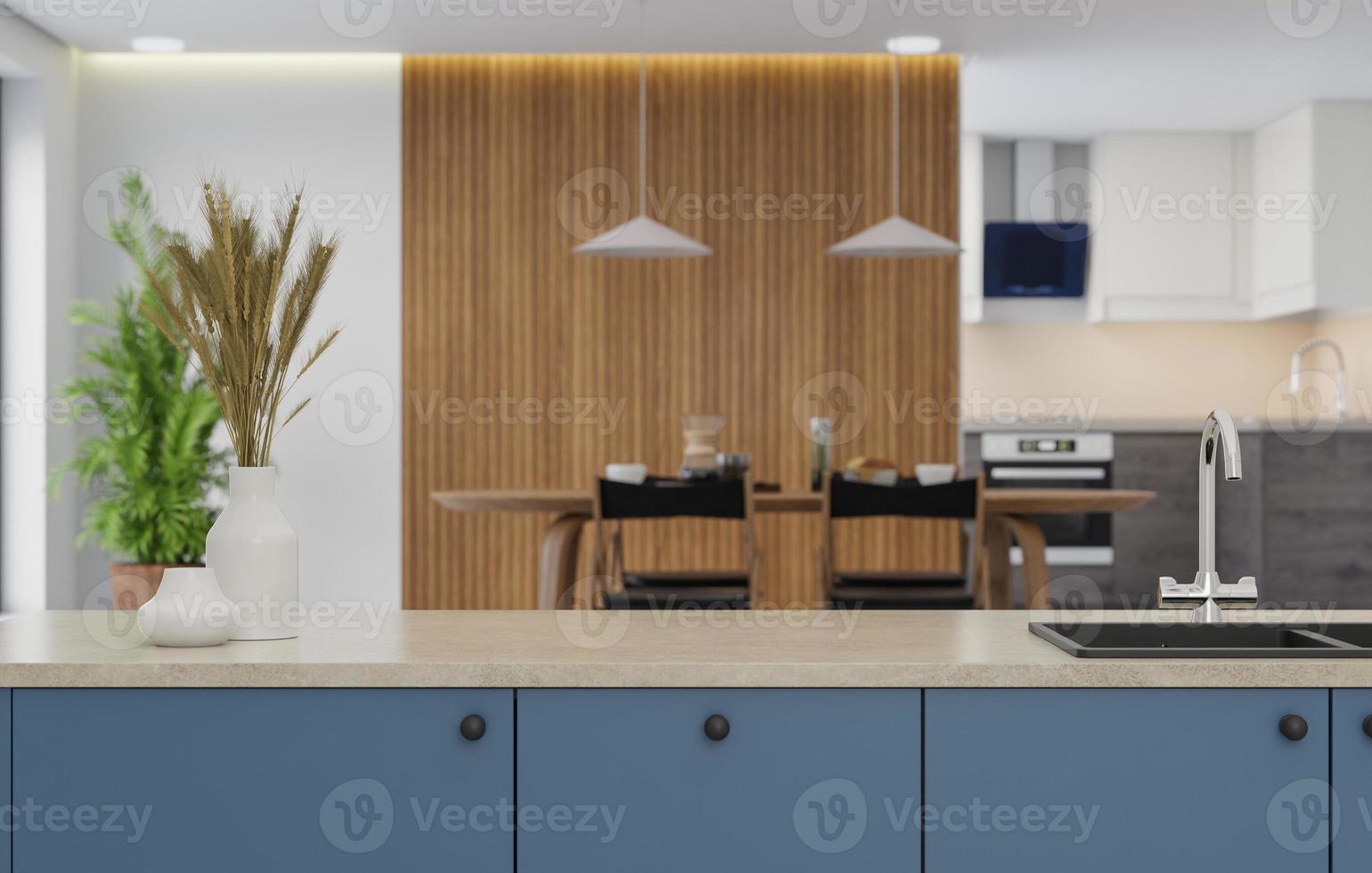 cooking room with a dinning table - wall. 3D rendering. photo
