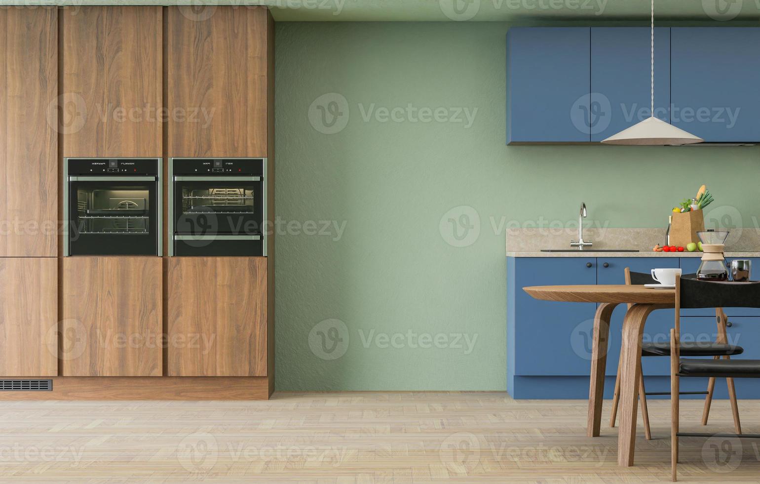 Mockup wall with armchair in cooking room with a - wall   wall. copy space. 3D rendering. photo