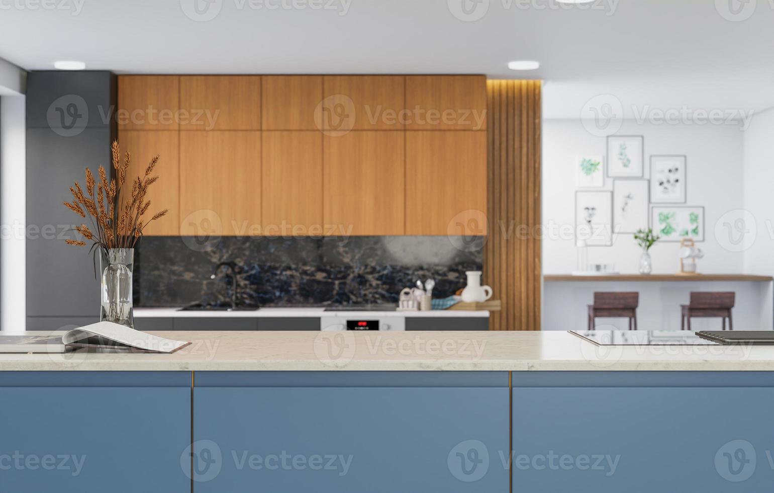 cooking room with a dinning table - wall. 3D rendering. photo