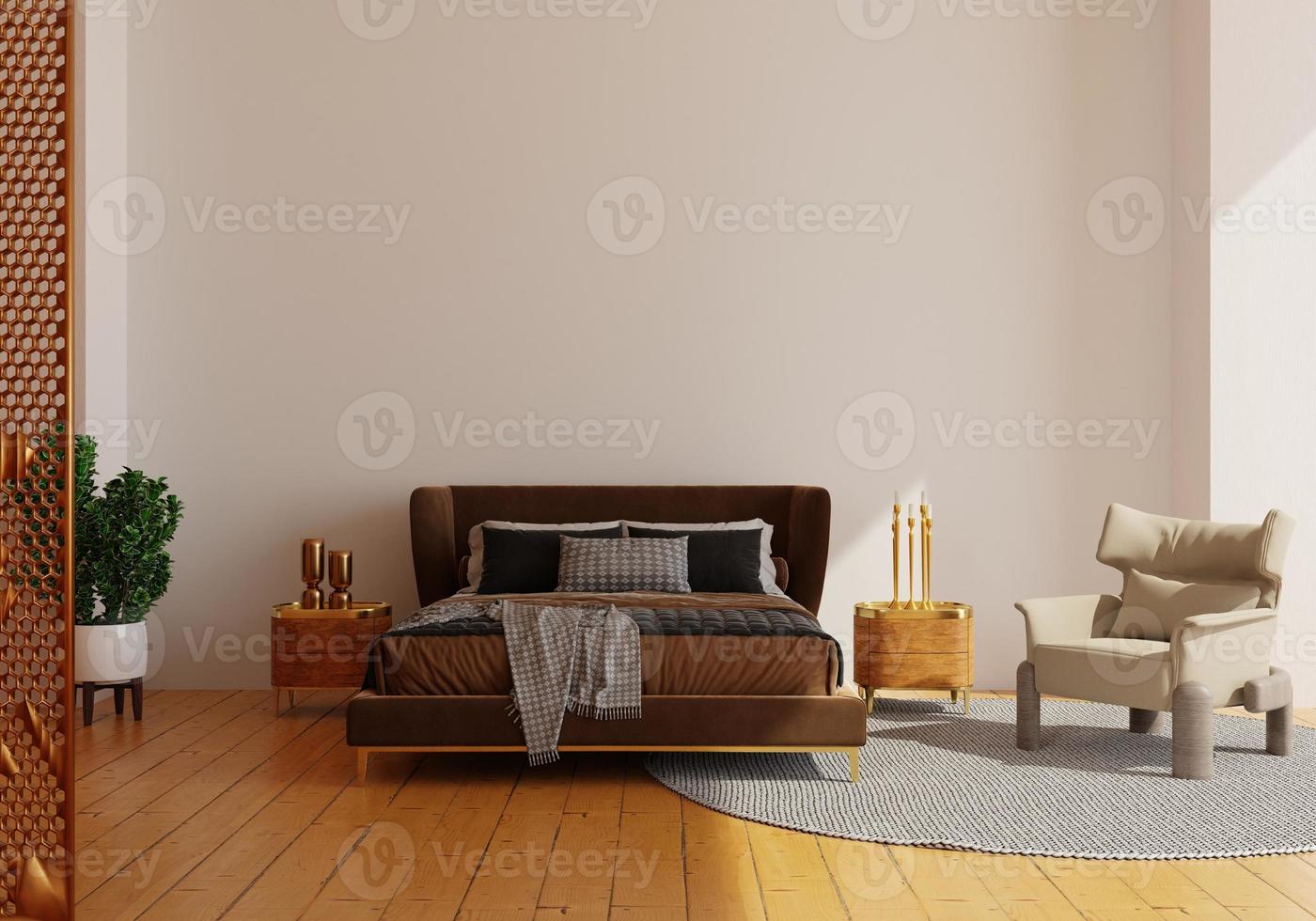 Mockup wall with bed in sleeping room with a  wall  modern sleeping room with bed.  bed and plants with  wall. copy space. 3D rendering. photo