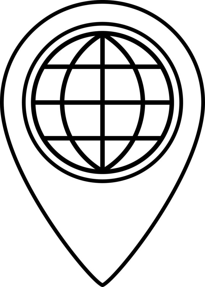 Map pin icon with globe in outline style, vector pointer.