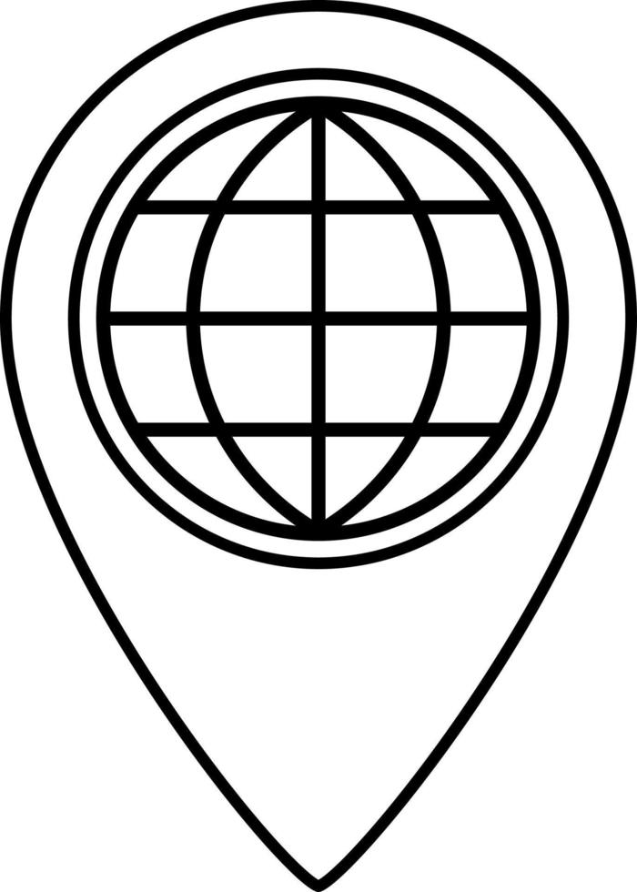 Map pin icon with globe in outline style, vector pointer.