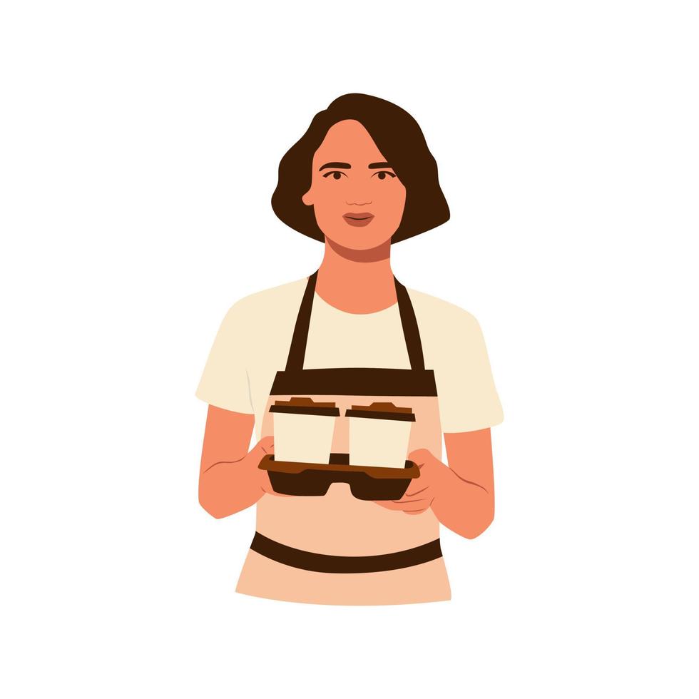 Young smiling girl barista wearing apron holding coffee cups box for clients. Working as barista. Coffeeshop and cafeteria. Service, station and lunch. Hand drawn flat  illustration of character vector