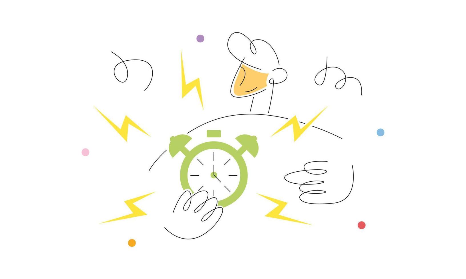 Hurry up. Outline office worker holding and pointing alarm clock , working overtime. Time is running out. Burning tasks, deadlines. Hard waking up and stress. Hand drawn flat illustration. vector