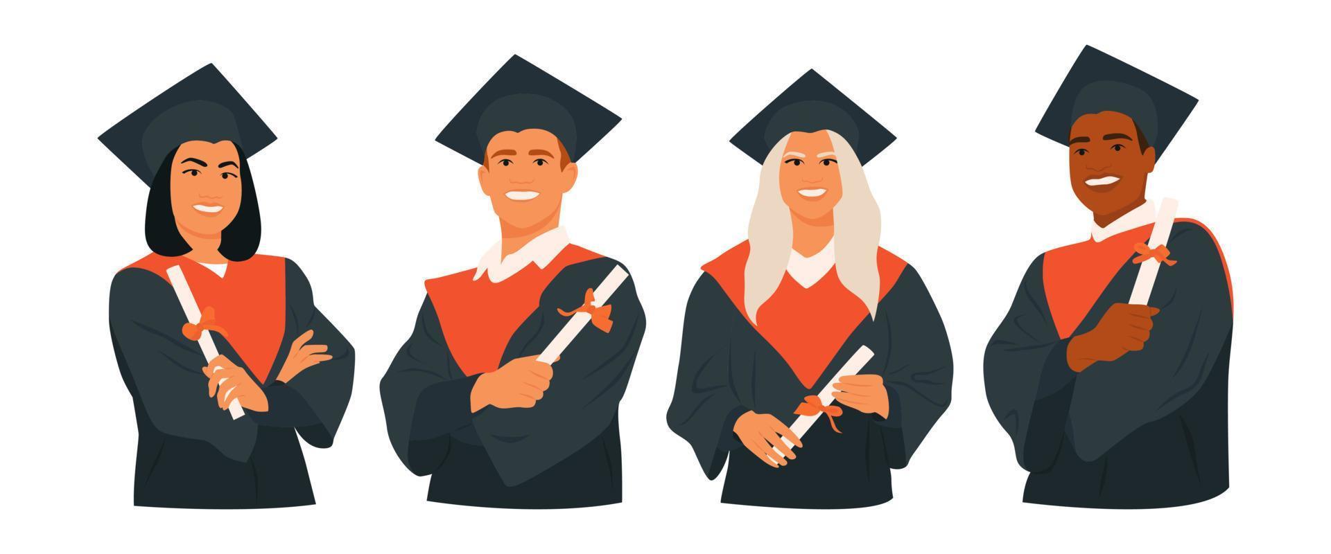 Set of smiling young students in graduation costume showing his diploma. Boy, girl graduate in mantle and academic square cap. Graduation ceremony, party. Hand drawn flat character illustration vector