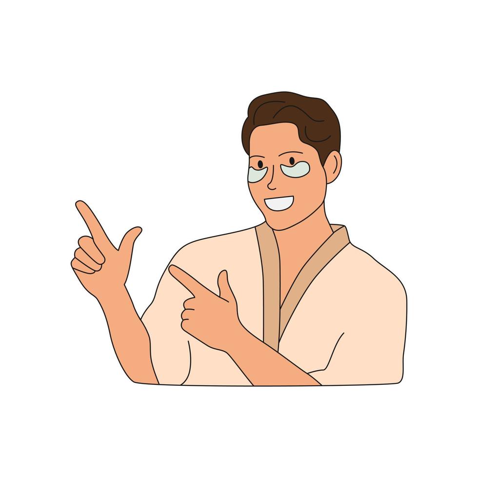 Portrait man in bathrobe smiling with patches mask under eyes and pointing finger. Concept skin care and facial for men. Young man healthcare and skin face care. Hand drawn flat illustration. vector