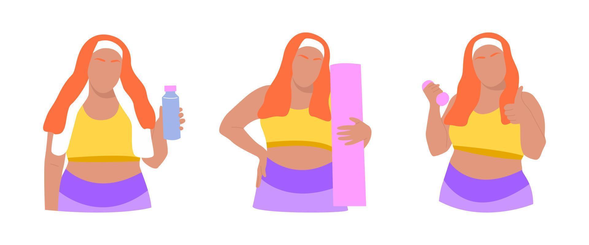 Set of plus size woman in a sports uniform holding dumbbell, yoga mat, water. Healthy lifestyle, keeping fit, workout, motivation, sport. Body positive woman. Hand drawn flat illustration vector