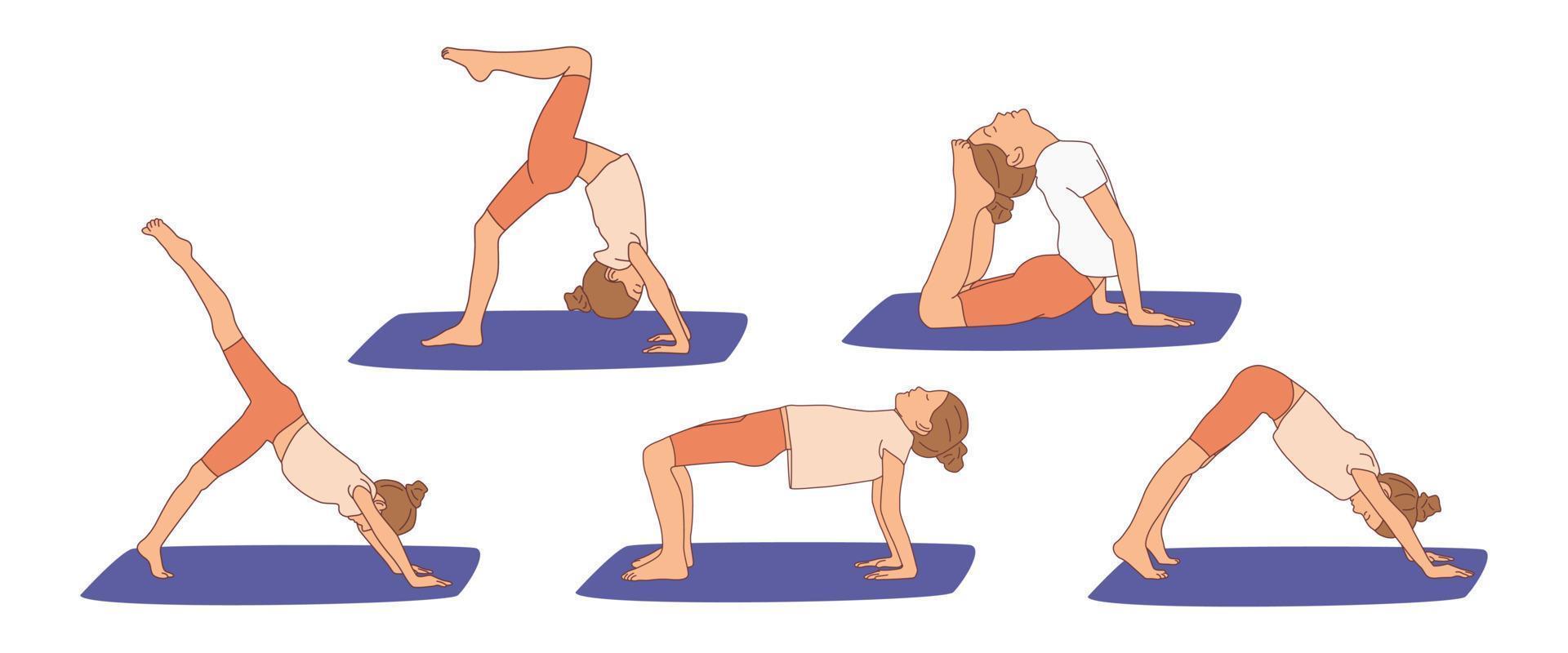 conjunto de niños practicando yoga en colchoneta de gimnasia. niños de yoga niño meditando de pie en una pose diferente. puente, pose de rueda con una sola pierna, perro boca abajo, raja. ilustración plana dibujada a mano vector