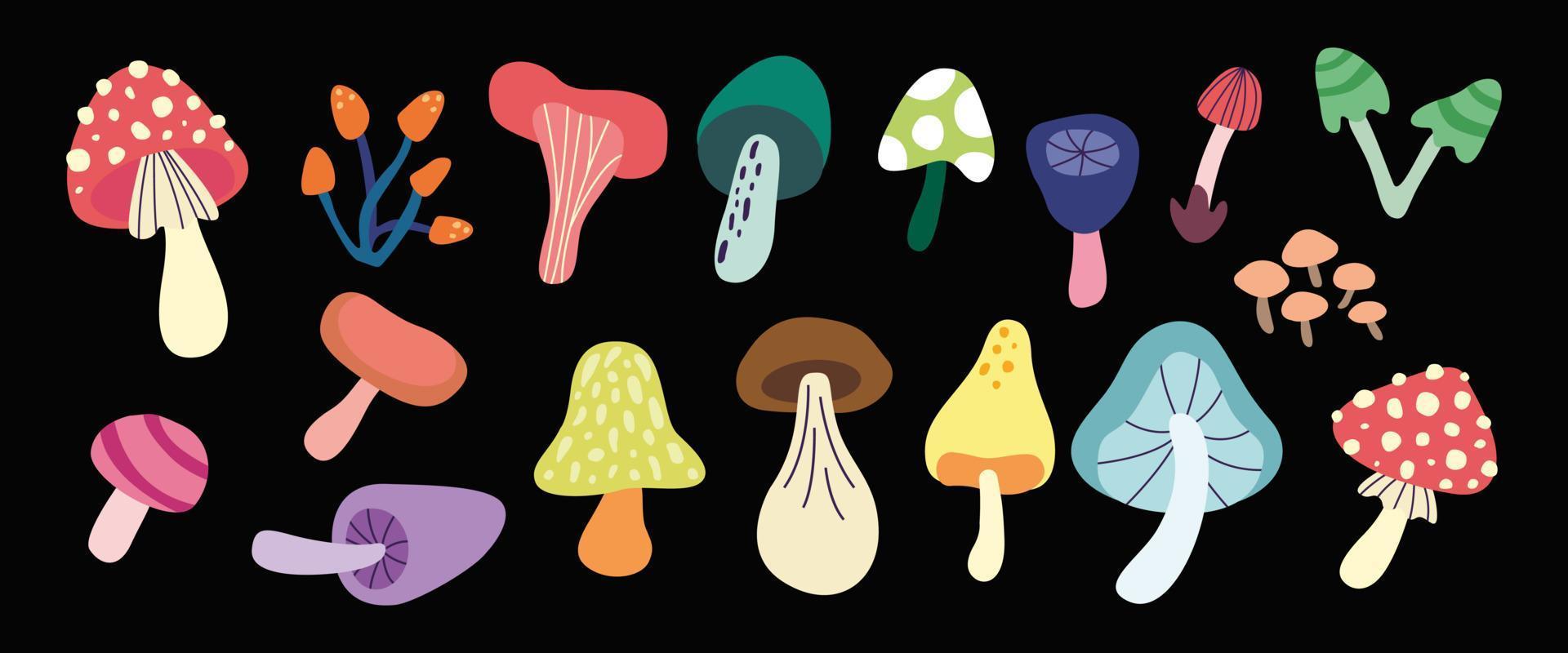 Set of forest abstract mushroom, toadstool, chanterelles,  honey agarics, fly agarics, morels. Poisonous ingredients for the witch's potion. Childish doodle mushroom. Hand drawn illustration. vector