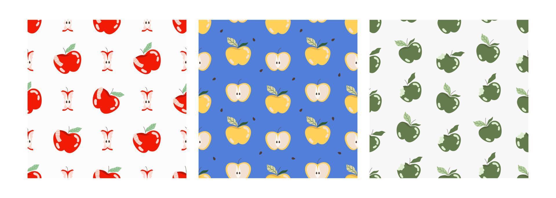 conjunto de coloridas manzanas enteras mordidas con patrón de semillas. fruta fresca y jugosa. Respetuoso del medio ambiente. fondo orgánico saludable. diseño de patrones de frutas para web, impresión. dibujado a mano ilustración de verano moderno vector