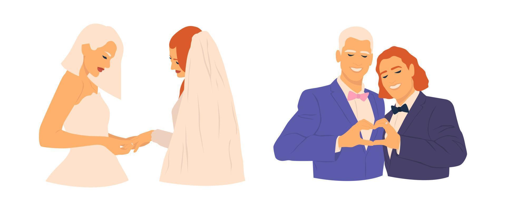 silueta de una pareja de lesbianas sonrientes que usan anillos de boda y una pareja gay que hace el corazón el día de la boda. felices cónyuges del mismo sexo celebrando el matrimonio. derechos lgbt ilustración plana dibujada a mano. vector
