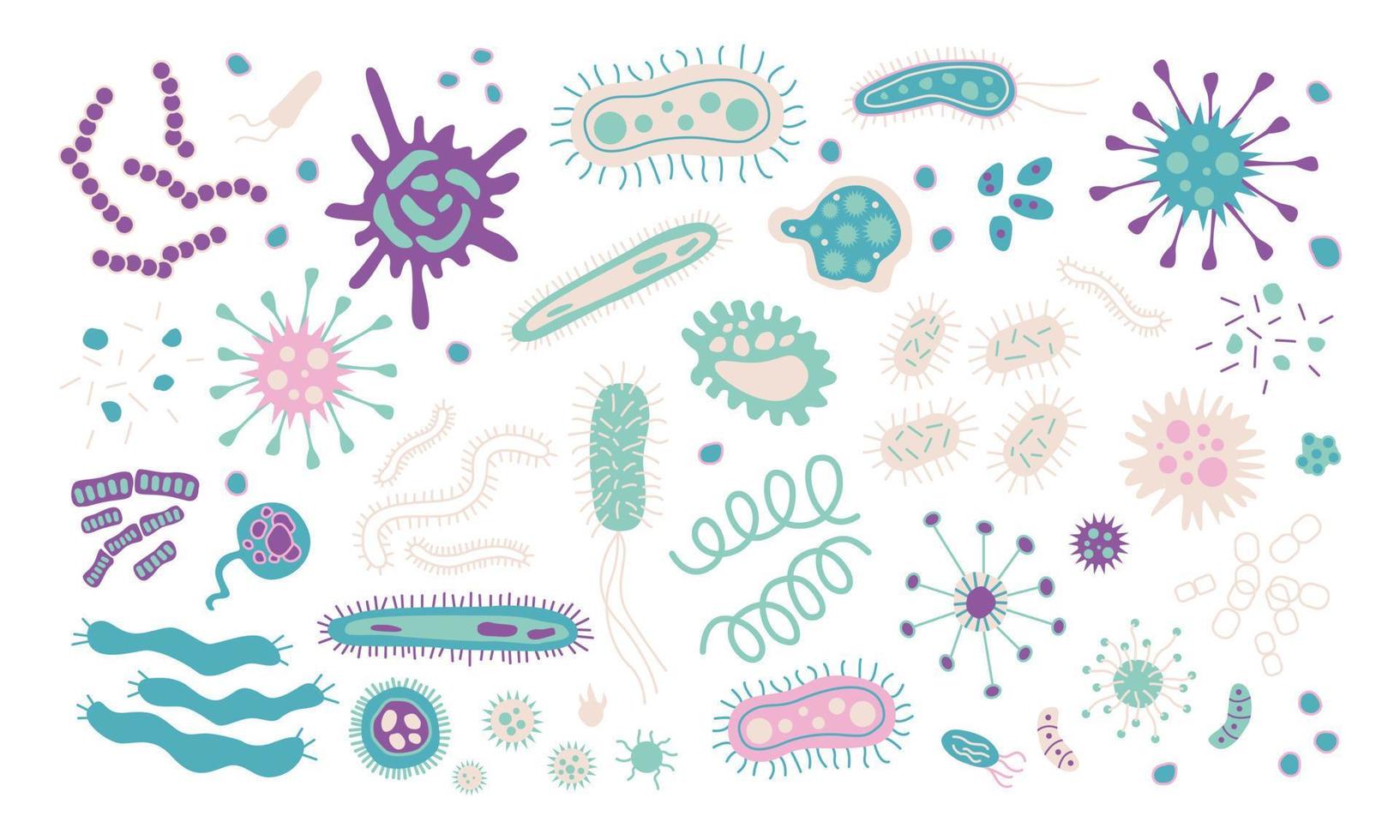 Set of different bundle of infectious microorganisms in blue, pink. Cartoon collection of infectious germs, protests, microbes. Bunch of diseases, cause bacteria, viruses. Hand drawn flat illustration vector