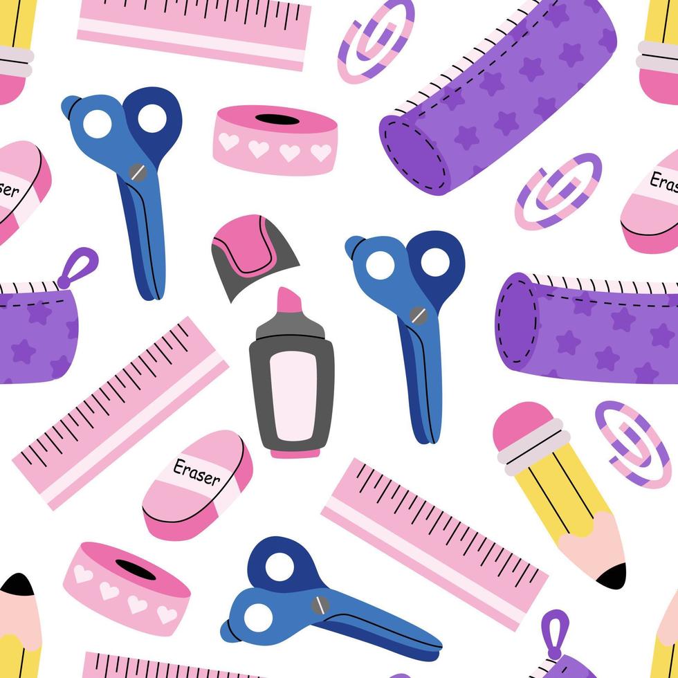 Children's cute colourful stationery pattern. School supplies background. Marker, pencils case, scissors, eraser, ruler. Back to school. For wallpapers, textile, fabric, web banner, wrapping paper. vector
