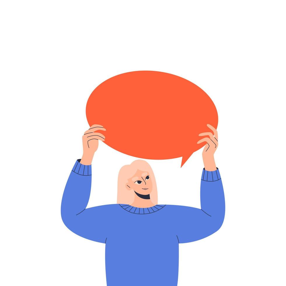 Woman holding blank speech bubble above his head, inspiration, idea. Customer feedback, testimonial, online survey, communication, chat. Social network dialogue. User satisfaction. Flat illustration. vector