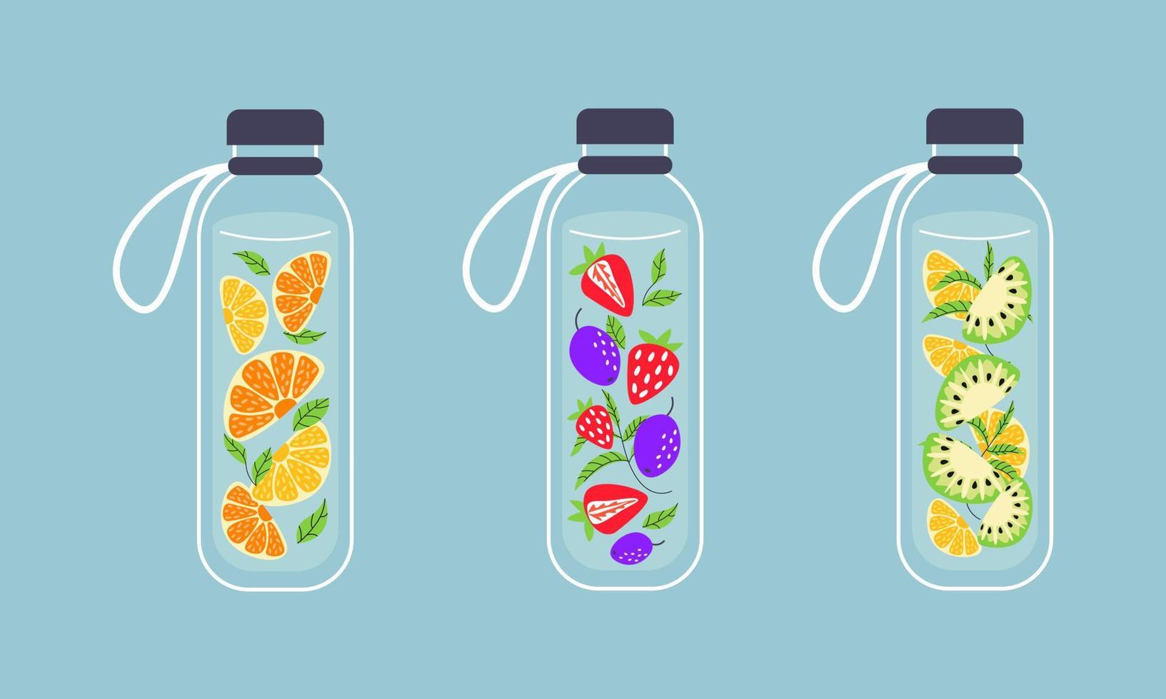 frutas, bayas agua infundida en botellas de vidrio reutilizables. desintoxicación, bebida refrescante agua saludable en frasco. bebidas refrescantes, bebidas de verano. estilo de vida sostenible. ilustración plana moderna sin desperdicio. vector