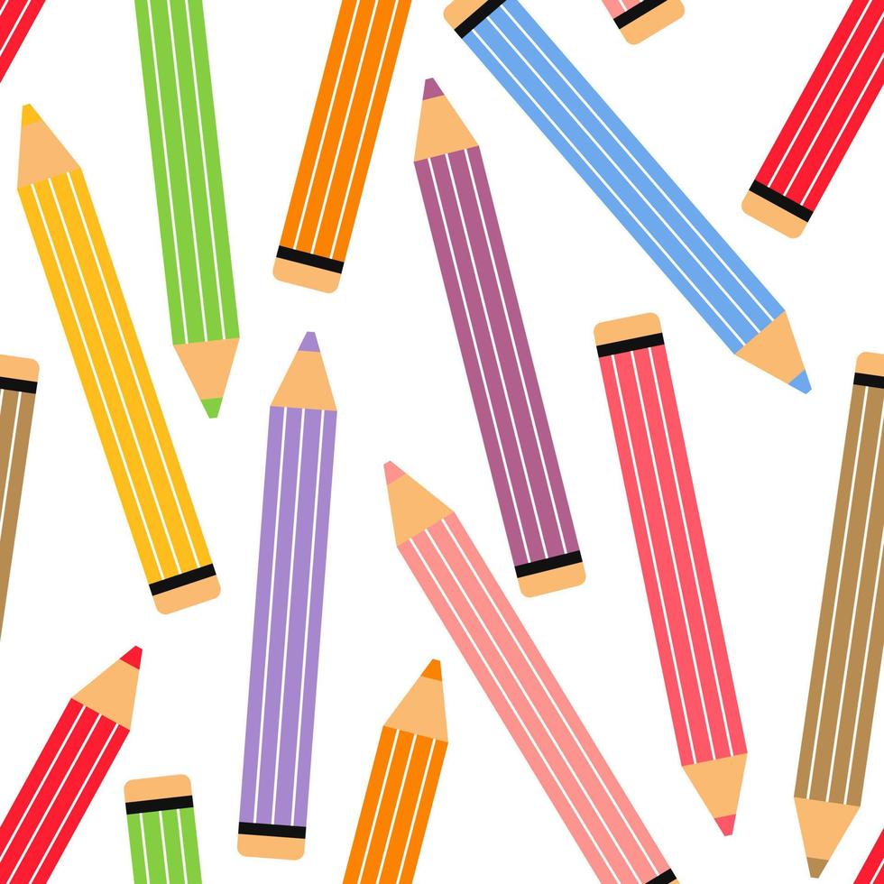 Funny pencils seamless school pattern. Back to school background.  Cute colourful stationery supplies. Modern hand drawn illustration for wallpapers, textile, fabric, web, wrapping design. vector