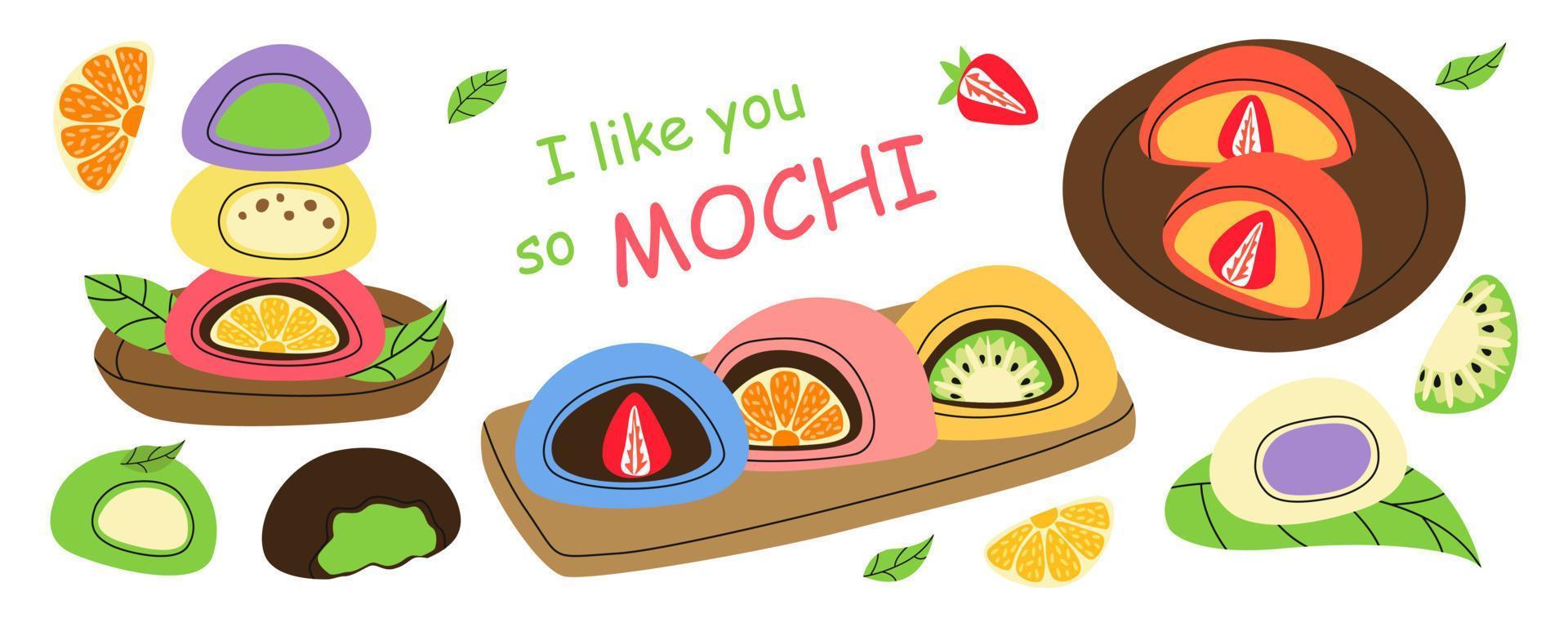 Traditional japanese Daifuku Mochi dessert with strawberry, chocolate, orange, kiwi, lemon flavors. Asian sweet food. Rice fruit dessert on wood plates, leaves. Hand drawn flat illustration vector