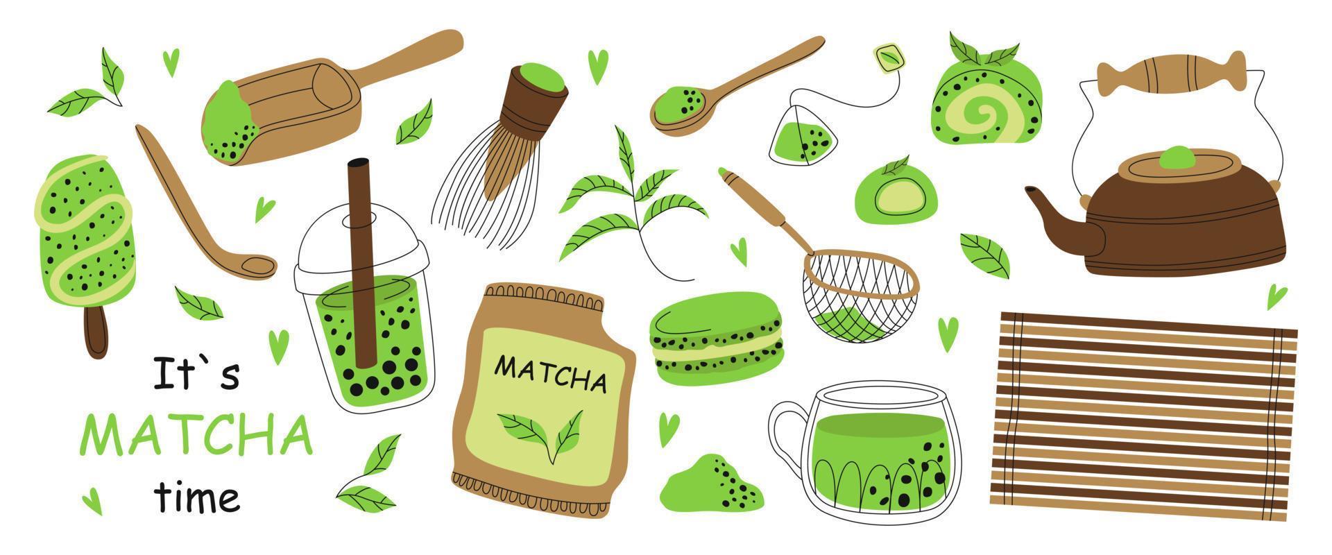 conjunto de varios productos de la ceremonia del té matcha. té verde tradicional japonés matcha latte en polvo, batidor, mochi, macarons, cuchara de bambú, hojas de té, té de burbujas. cultura saludable del té verde orgánico. vector