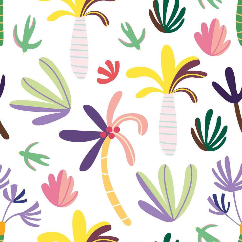 Seamless pattern of abstract tropical palms, bushes, swallows. Cute decorative jungle rainforest tree and plant. Summer bird, palm plantation. Beach kids doodle. Hand drawn colorful illustration vector