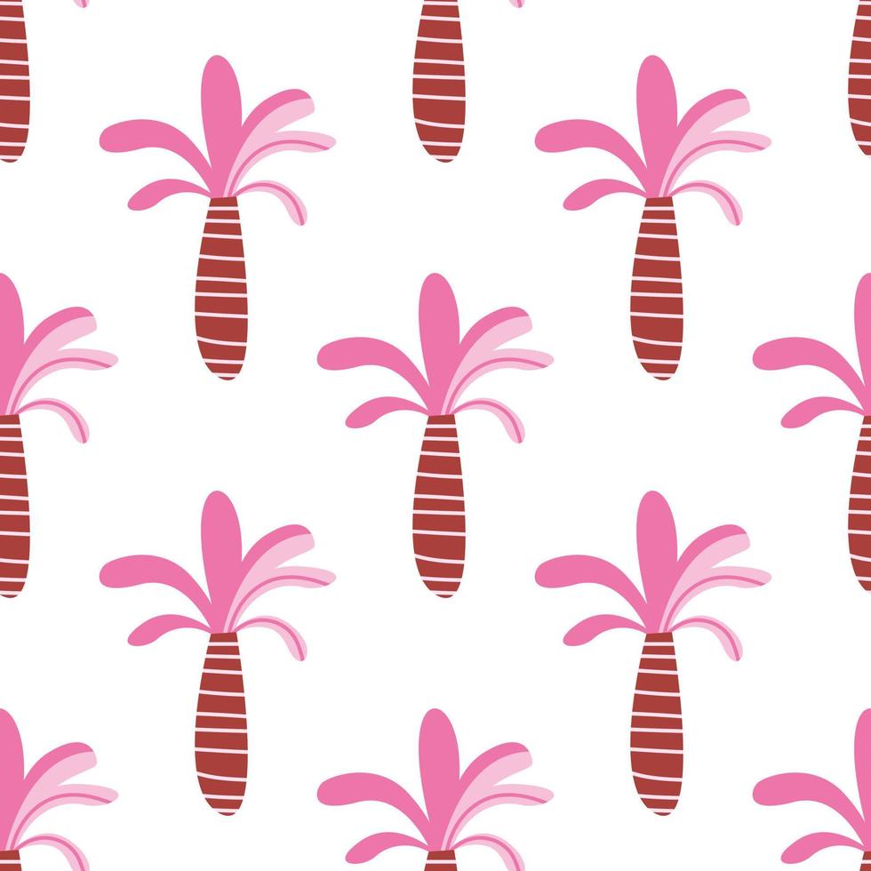 Seamless pattern of abstract tropical pink palms. Cute decorative jungle rainforest tree and plant. Summer tropical palm plantation. Beach kids doodle. Hand drawn colorful illustration vector
