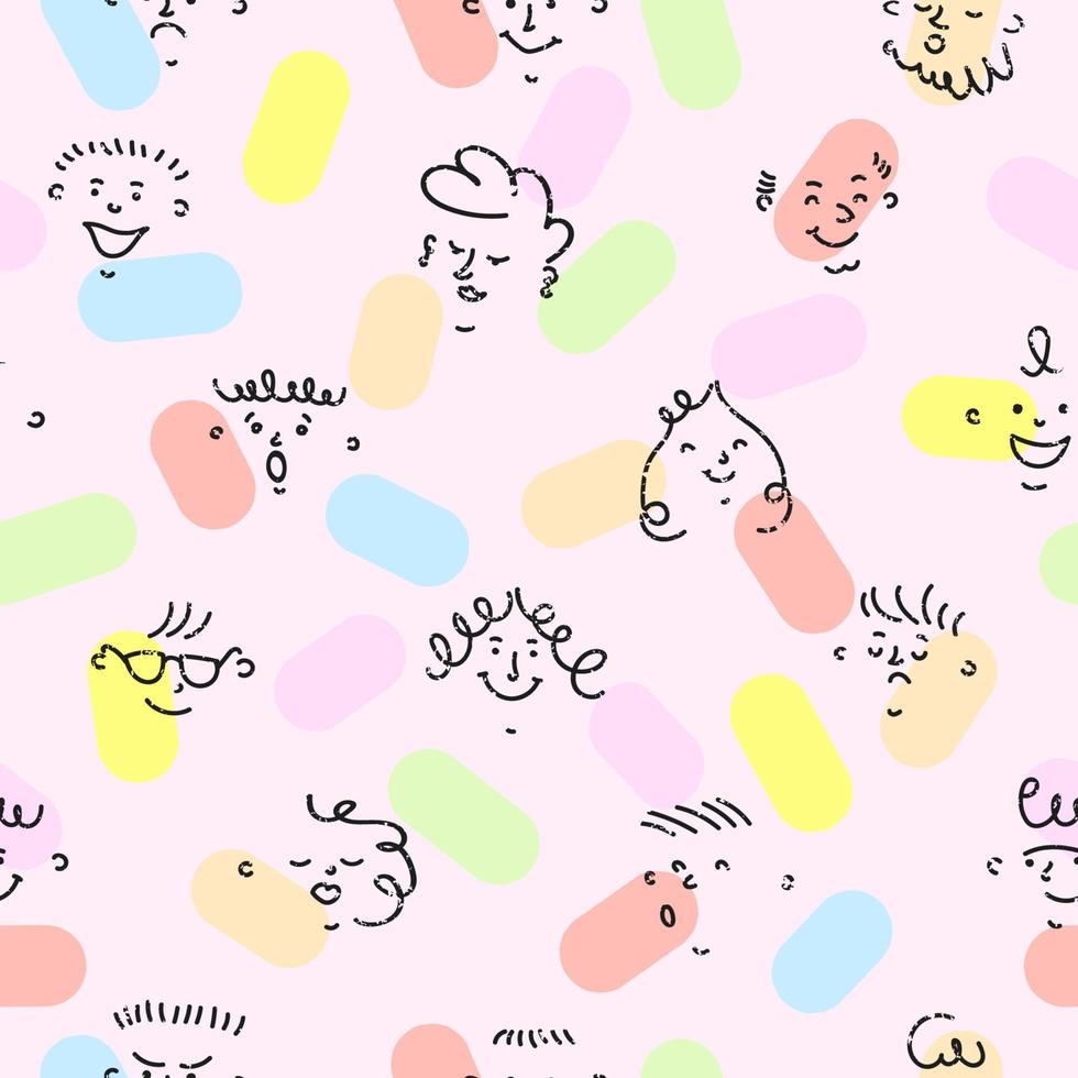 Vector colorful seamless pattern with hand drawn crayon abstract comic funny cute characters in modern cartoon style. For wallpaper, textile print, pattern fills, surface textures, wrapping paper