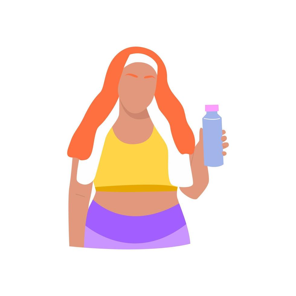 Plus size woman in a sports uniform holding drink water. Gym home. Healthy lifestyle, keeping fit, workout, motivation, sport. Body positive overweight woman. Hand drawn flat illustration vector