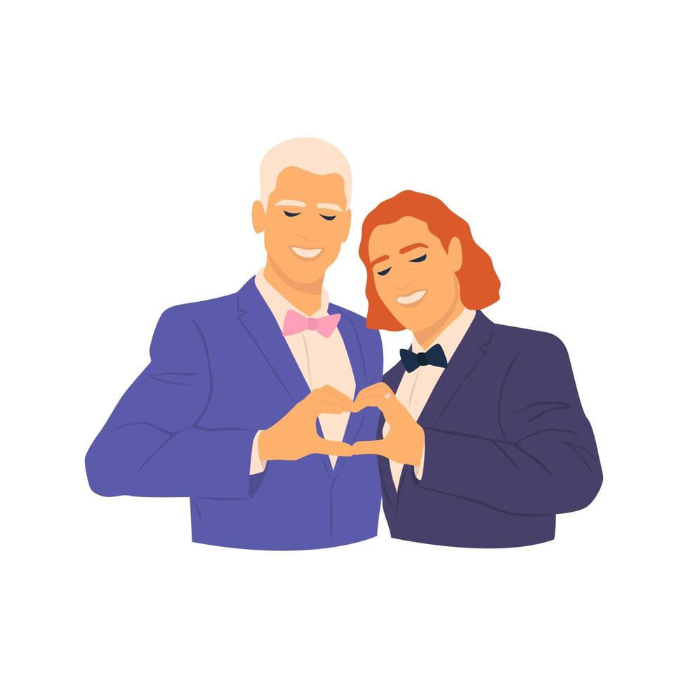 Silhouette of smiling gay couple making heart with their hands on wedding day. Happy same sex spouses celebrating marriage. LGBT rights. Homosexual couples.  Hand drawn flat illustration. vector