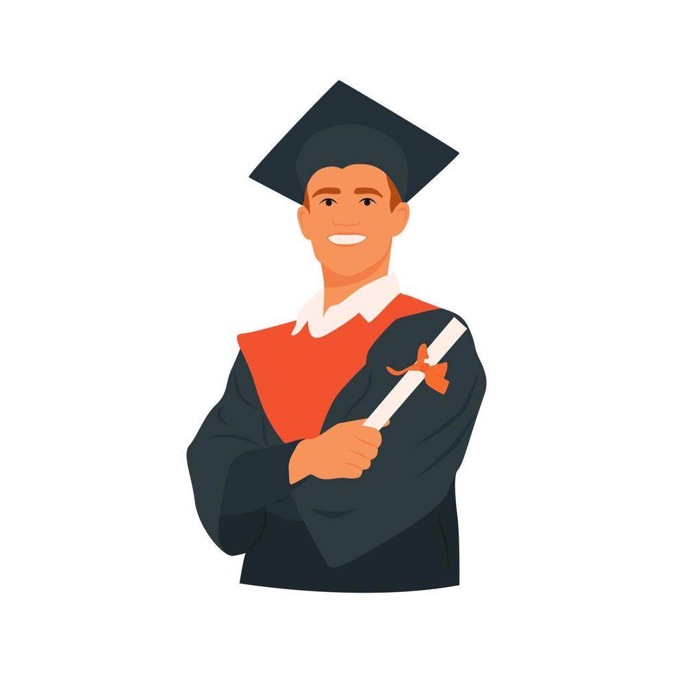 Smiling young guy student in graduation costume showing his diploma. Man graduate in mantle and academic square cap. Graduation ceremony, party. Hand drawn flat illustration of character vector