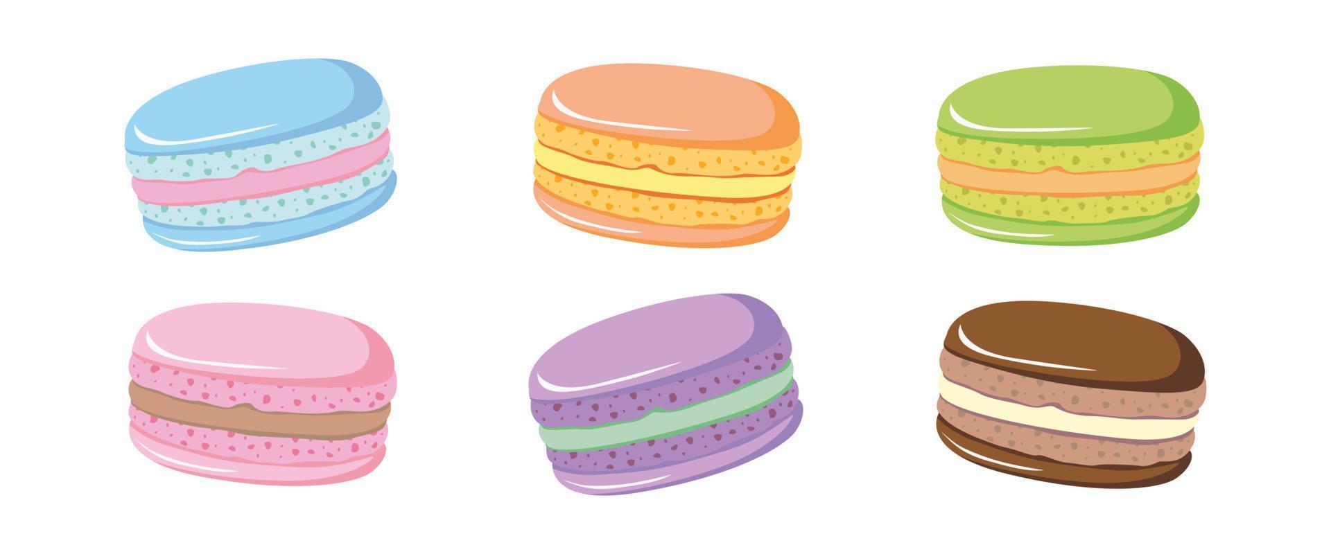 conjunto de lindos macarrones franceses con diferentes rellenos. postre macaron tradicional. pequeños pasteles franceses. ilustración de comida de galletas dulces. ilustración plana de dibujos animados dibujados a mano. vector