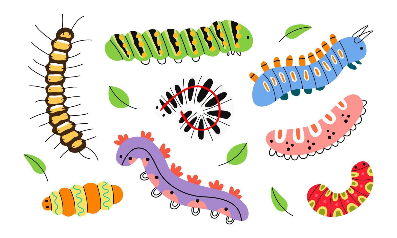 Set of spring, summer colorful caterpillars, centipede. Different silhouettes of cute caterpillar, small maggot move. Funny insects, garden and forest animal. Hand drawn flat illustration. vector