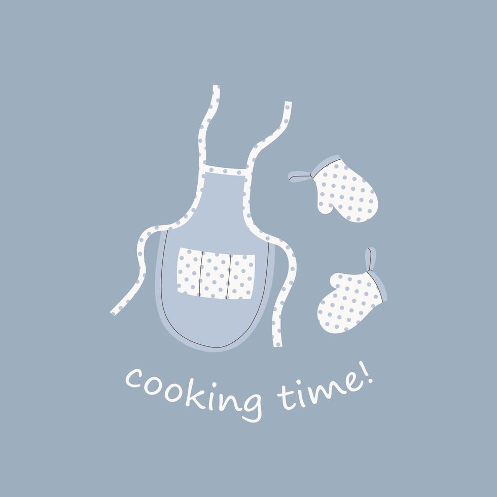 Lettering of Cooking time with cooking clothes. Kitchen, baking tools. Apron, mitten or potholder. Flat illustration for banner, card, culinary class, invitation, party, poster, print, web. vector