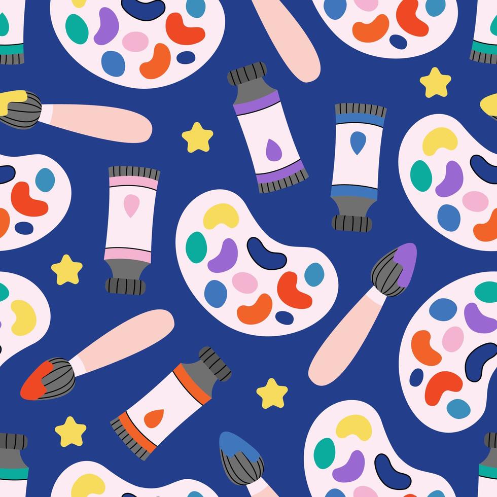 Children's cute colourful art supplies pattern. School artists stationery background. Painting accessories, paints, brush. Back to school. For wallpapers, textile, fabric, web banner, wrapping paper. vector