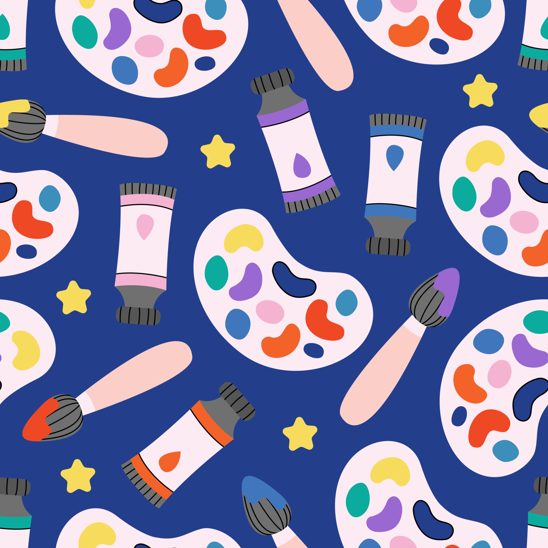 Children's cute colourful art supplies pattern. School artists stationery  background. Painting accessories, paints, brush. Back to school. For  wallpapers, textile, fabric, web banner, wrapping paper. 9292002 Vector Art  at Vecteezy