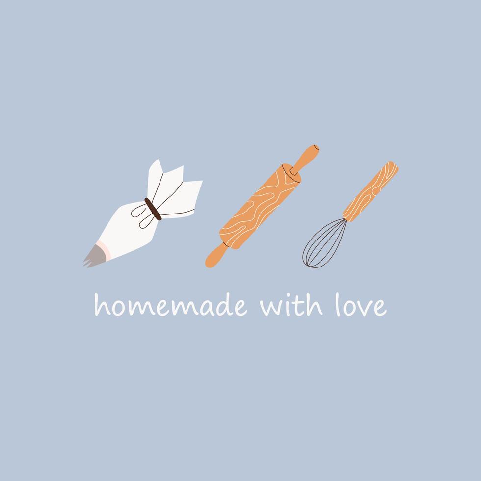 Lettering of Homemade With Love with cooking kitchenware. Kitchen , baking tools. Whisk, rolling pin, pastry bag. Flat illustration for banner, card, postcard, invitation, party, poster, print, web. vector