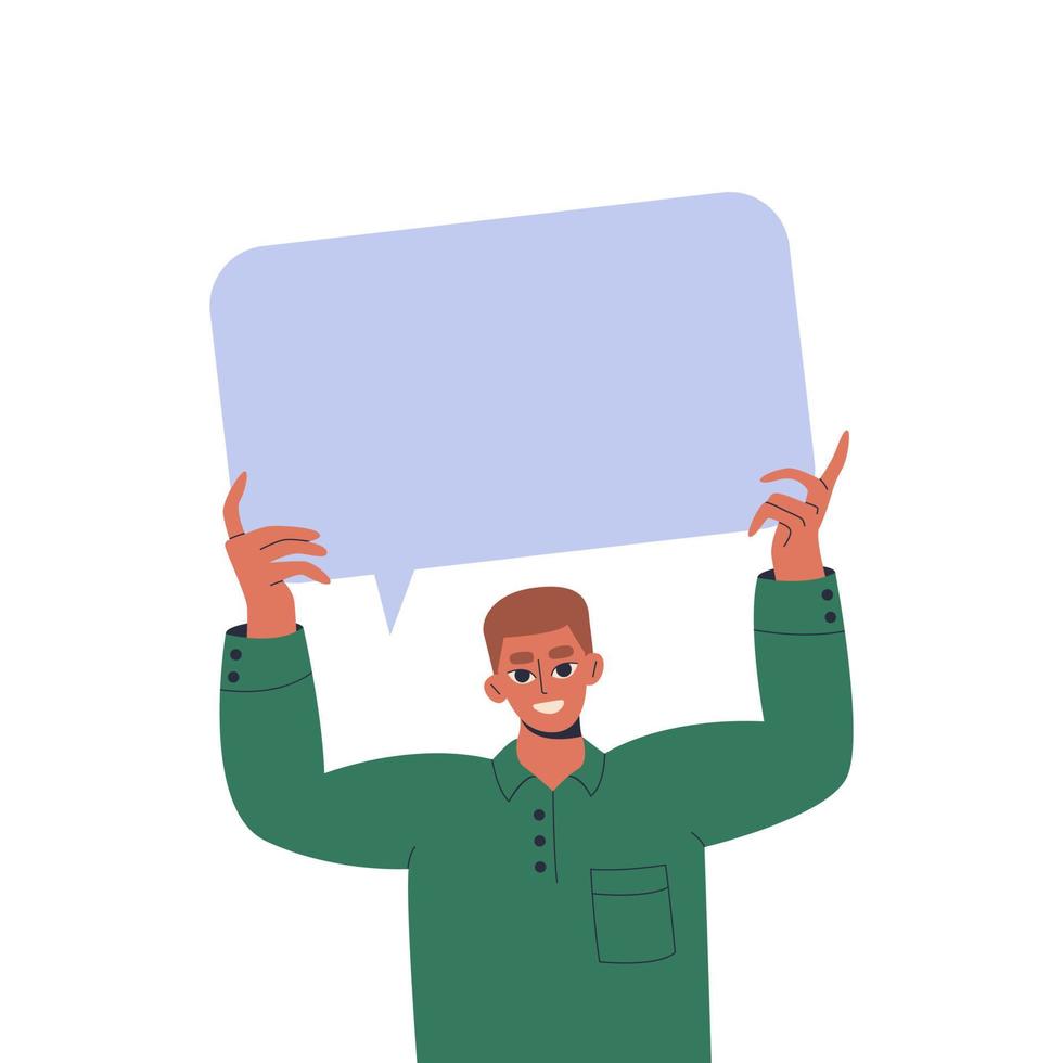 Man holding blank speech bubble above his head, inspiration, idea. Customer feedback, testimonial, online survey, communication, chat. Social network dialogue. User satisfaction. Flat illustration. vector