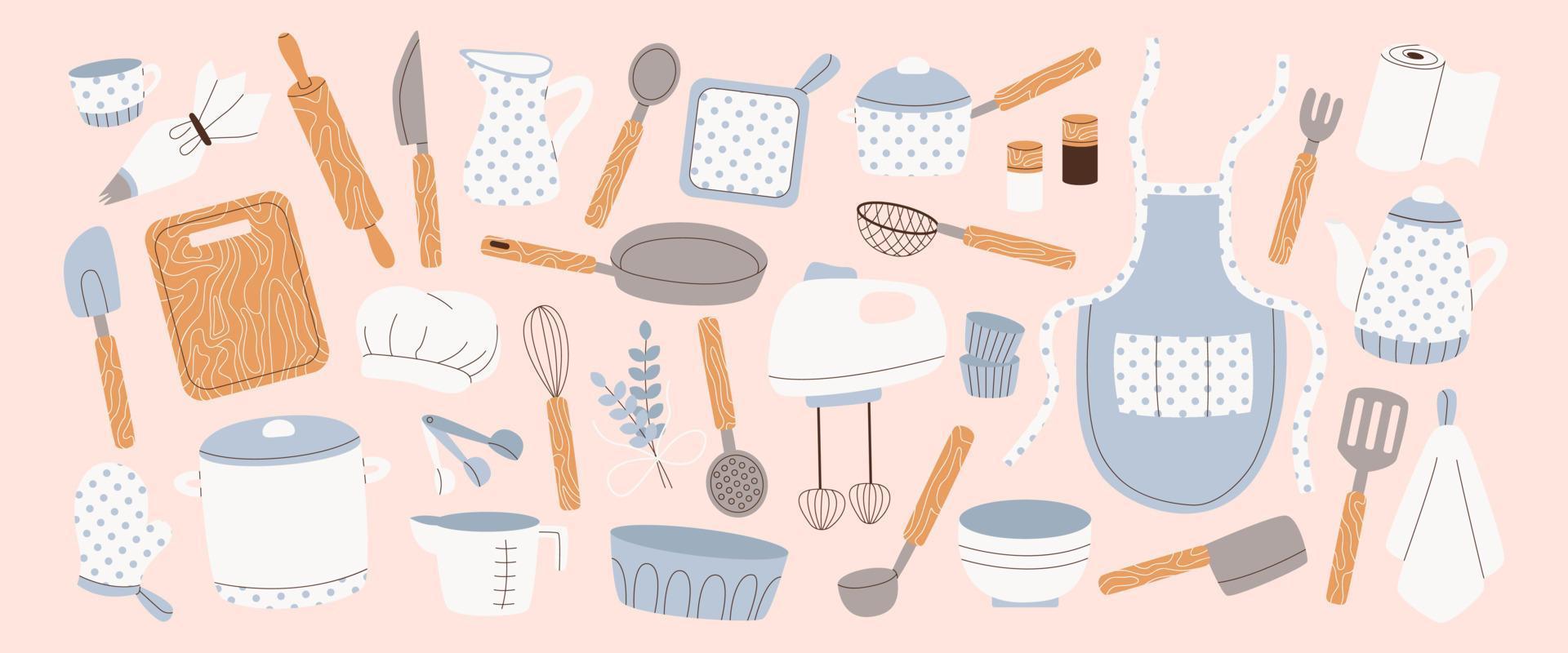 Homemade bakery, cooking, kitchenware set. Kitchen and baking utensils, supplies, tools, equipment, cutlery. Cook appliances, accessories collection. Flat illustrations of cookware objects. vector