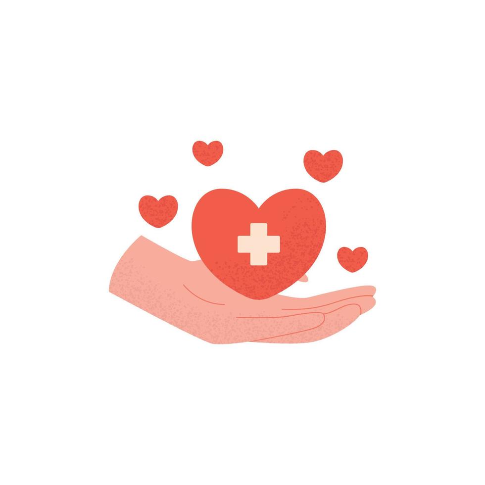 Helping hands giving heart in modern flat style. World Organ Donation Day. Charity, health, voluntary, nonprofit organization. Blood donation, sharing love for needy. Advert social care. vector