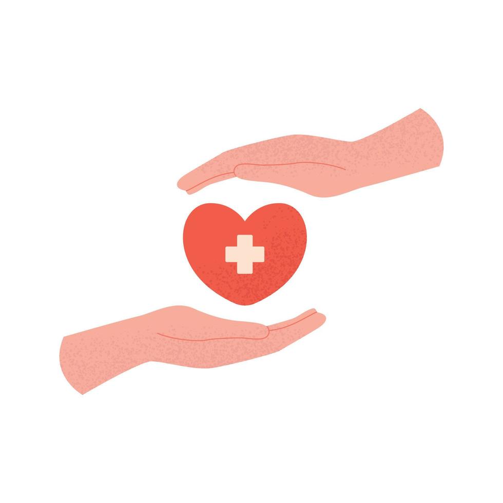 Helping hands giving heart in modern flat style. World Organ Donation Day. Charity, health, voluntary, nonprofit organization. Blood donation, sharing love for needy. Advert social care. vector