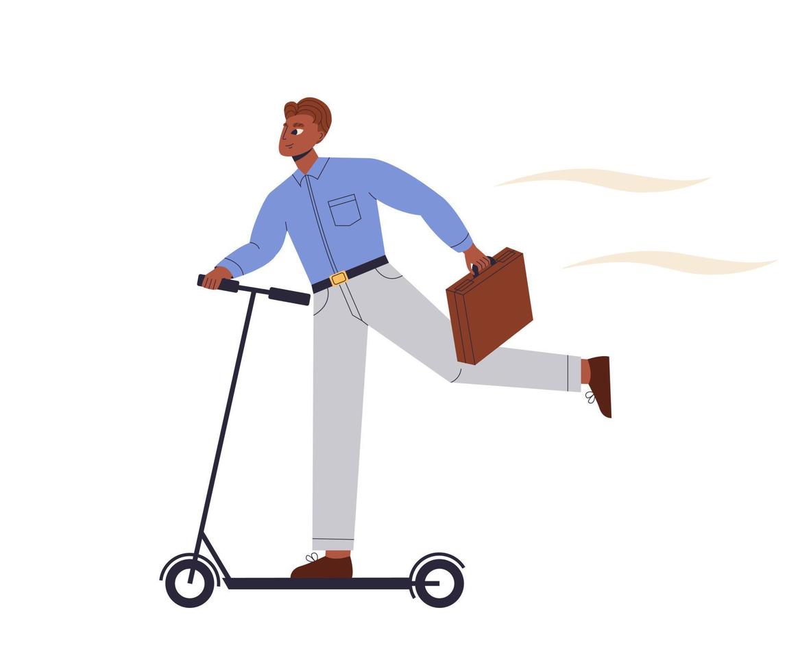 hombre de negocios con bolsa date prisa montando scooter eléctrico. persona de negocios corriendo, apurada, tarde en el cargo. transporte ecológico. hombre ambicioso aspirante a empleado, logrando el objetivo. ilustración plana vector