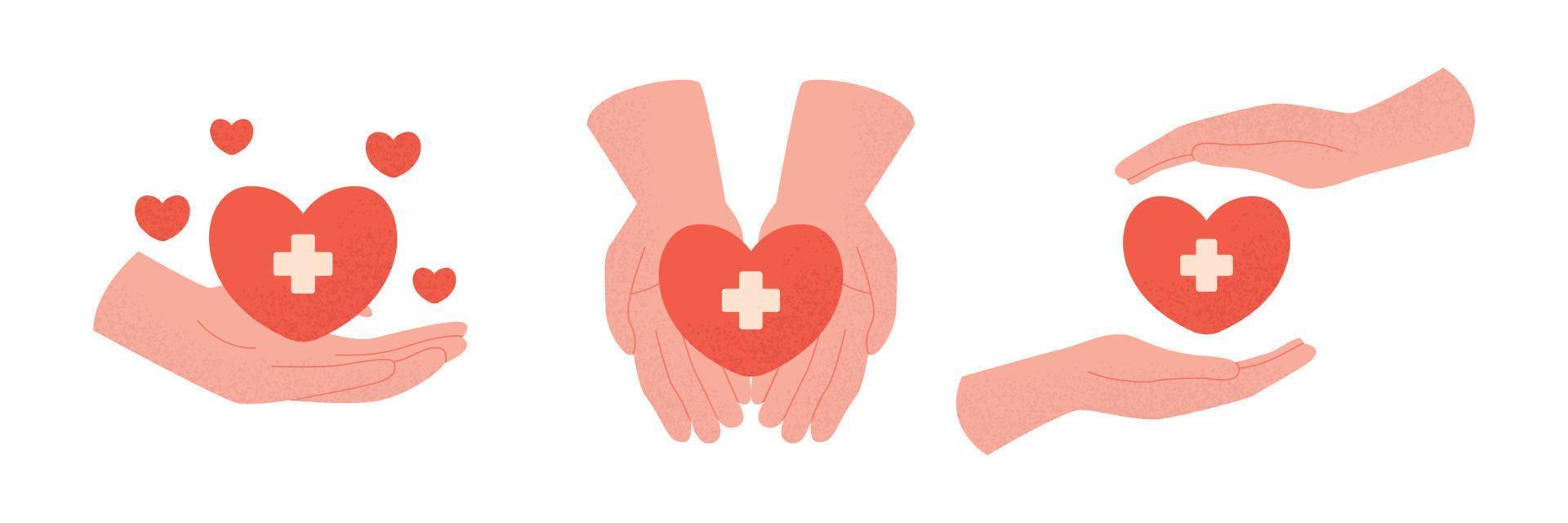 Set of helping hands giving heart in modern flat style. World Organ Donation Day. Charity, health, voluntary, nonprofit organization. Blood donation, sharing love for needy. Advert social care. vector