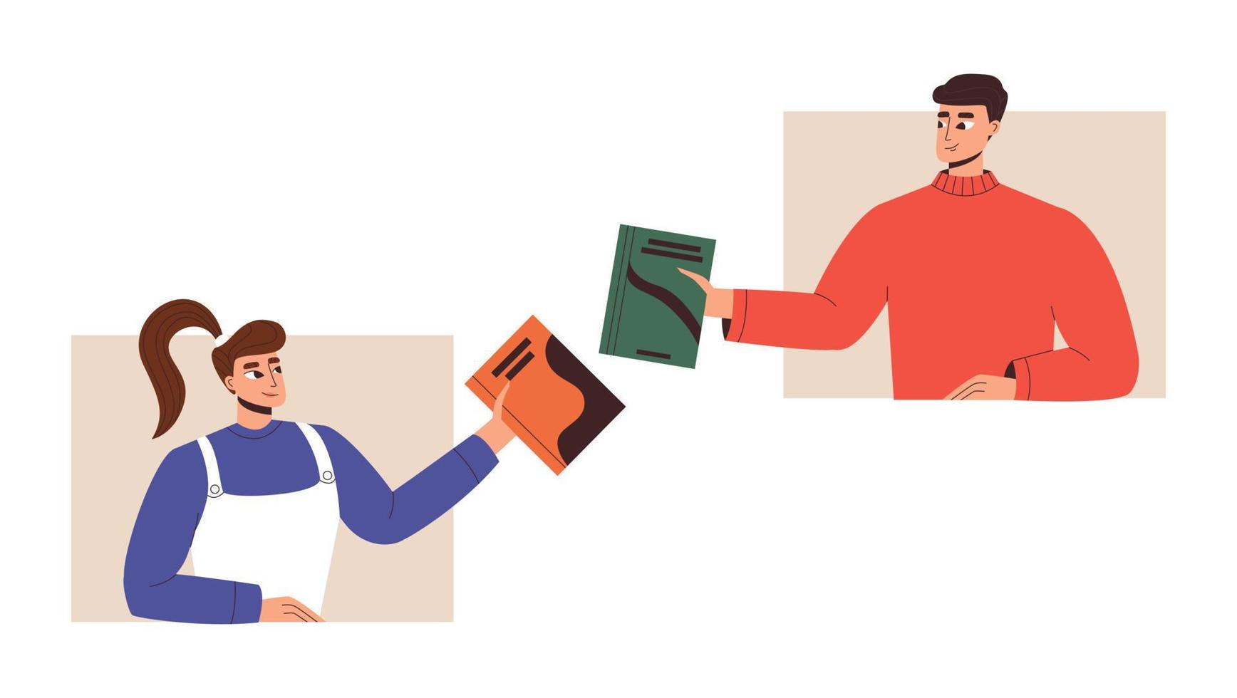 la gente intercambia libros, concepto de cruce de libros. hombres y mujeres jóvenes recomiendan, tomando prestadas sus obras literarias favoritas entre sí. lectores amantes intercambian literatura. ilustración plana de dibujos animados 9292015 la gente intercambia libros, concepto de cruce de libros. hombres y mujeres jóvenes recomiendan, tomando prestadas sus obras literarias favoritas entre sí. lectores amantes intercambian literatura. ilustración plana de dibujos animados 9292015