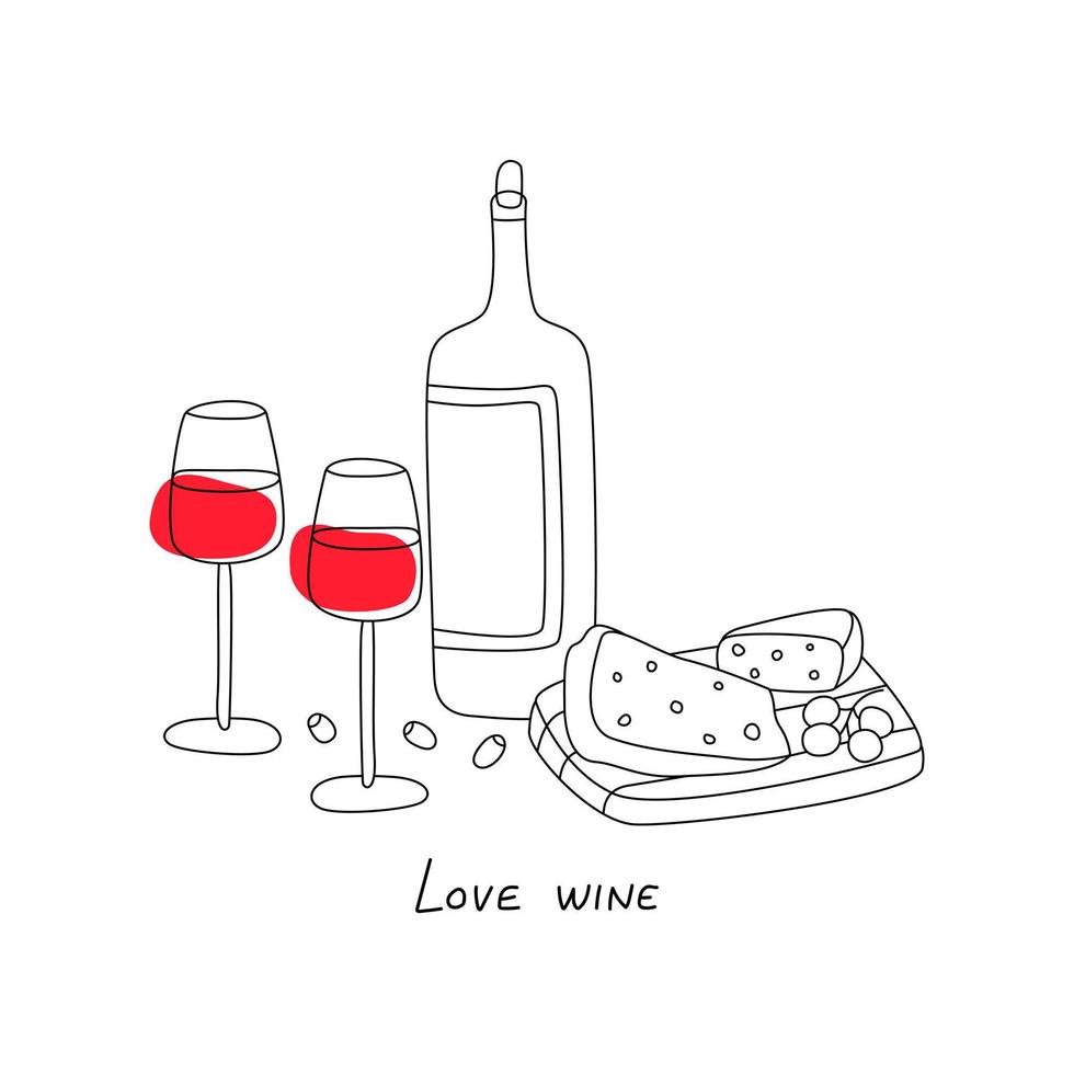 botella de vino tinto dulce o seco y vasos con plato de madera con queso, uva, aceitunas. cita de los amantes del vino. aperitivos tradicionales de vino. idea de afiche, estampado de pantalones, diseño de menú. ilustración de contornos. vector