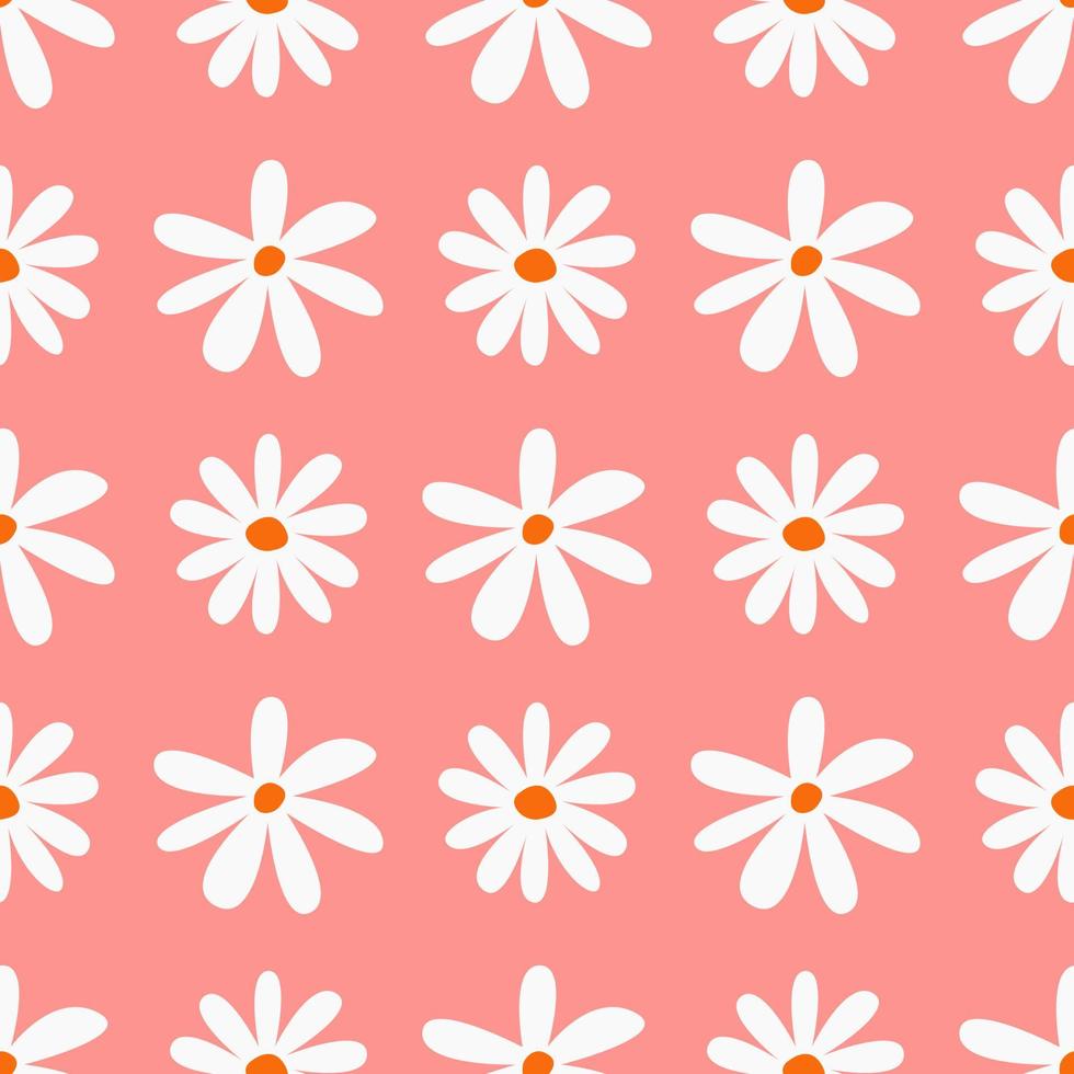 Seamless pattern of blooming chamomile flowers on stems on pink. Daisy wild camomiles. Cute plants, herbs for garden. Blossom, spring summer flower,  leaves. Hand drawn flat  illustration. vector