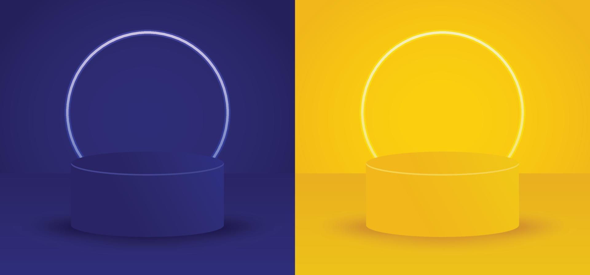 Cylinder pedestal podium. Realistic stand podium blue and yellow with glow neon ring background. Vector illustration