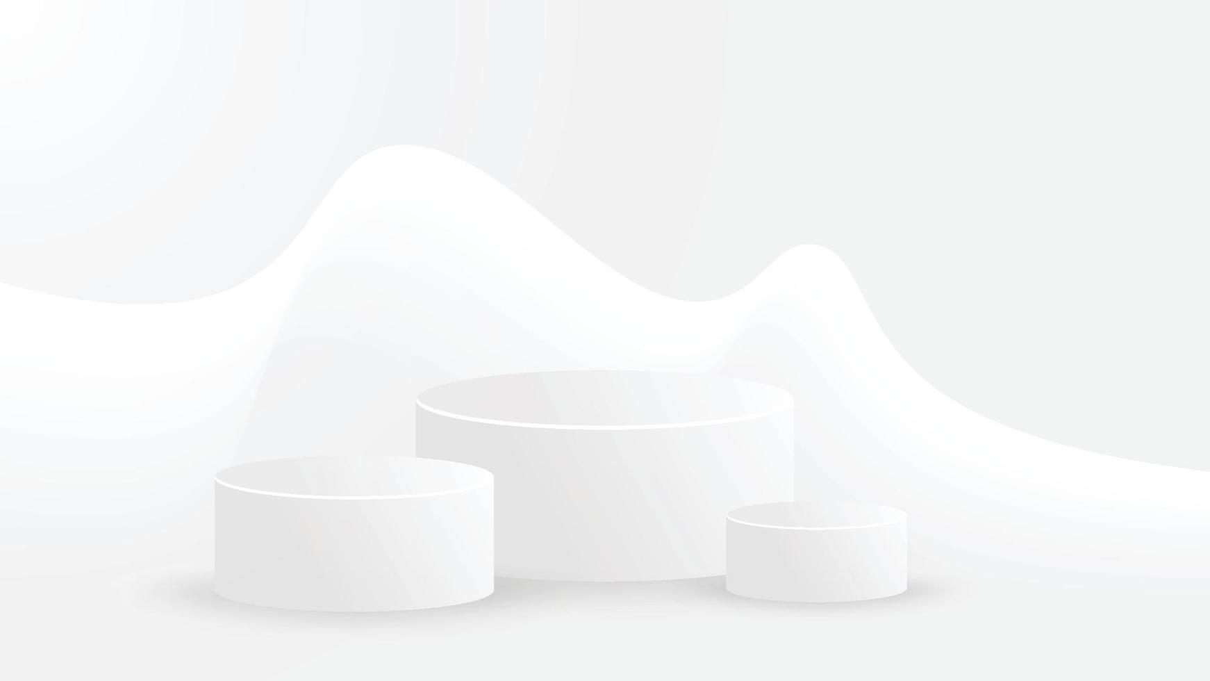 3D set white circle podium with shadow. Realistic cylinder mock up podium with minimal background decoration. Vector illustration