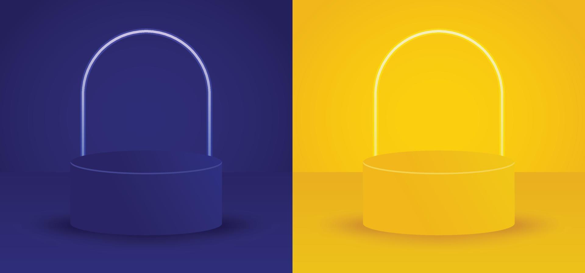 podio del pedestal del cilindro. podio de soporte realista azul y amarillo con fondo de anillo de neón brillante. ilustración vectorial vector